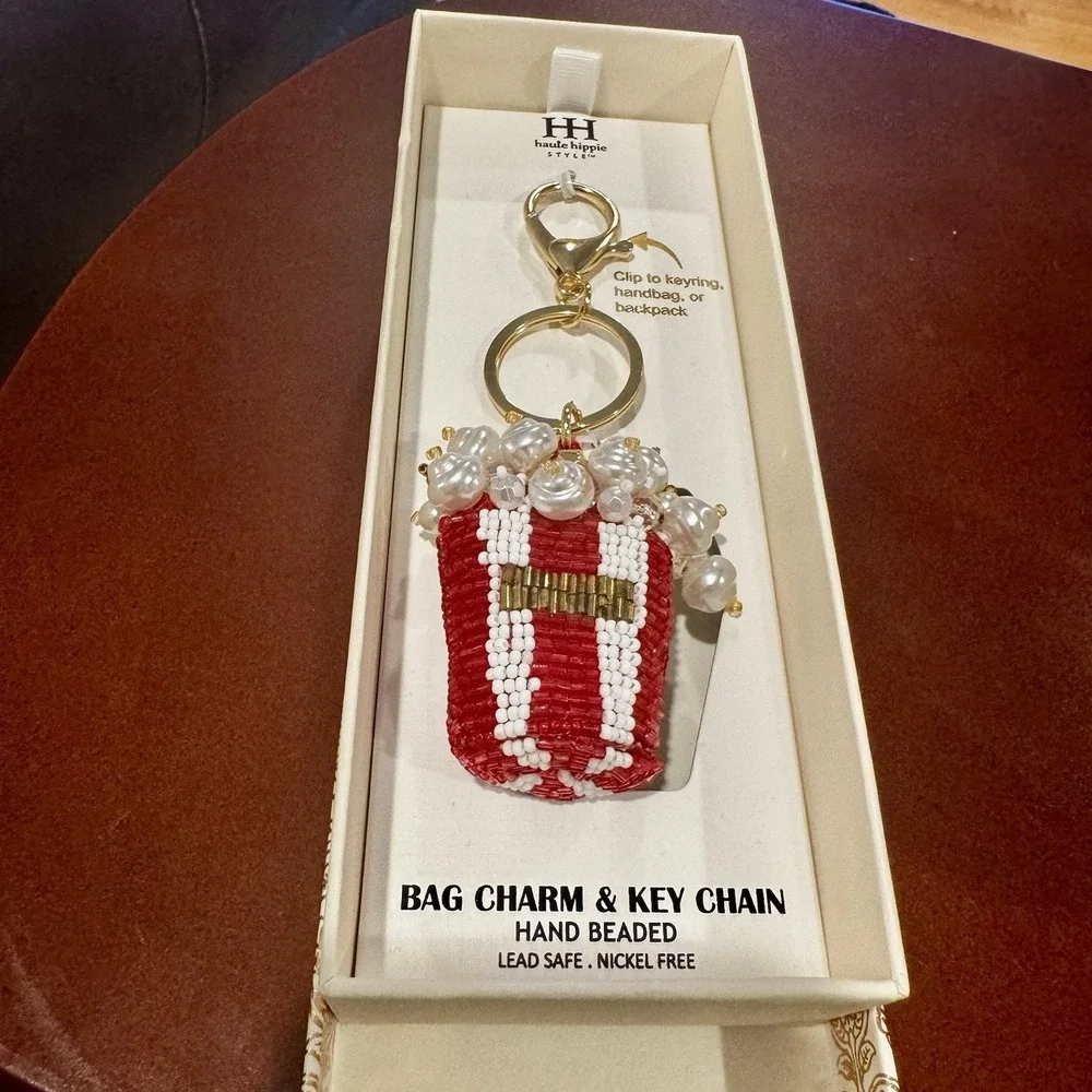 Haute Hippie Beaded Popcorn Bag Charm/Key Chain.‎ NWT And Box. Red And White.
